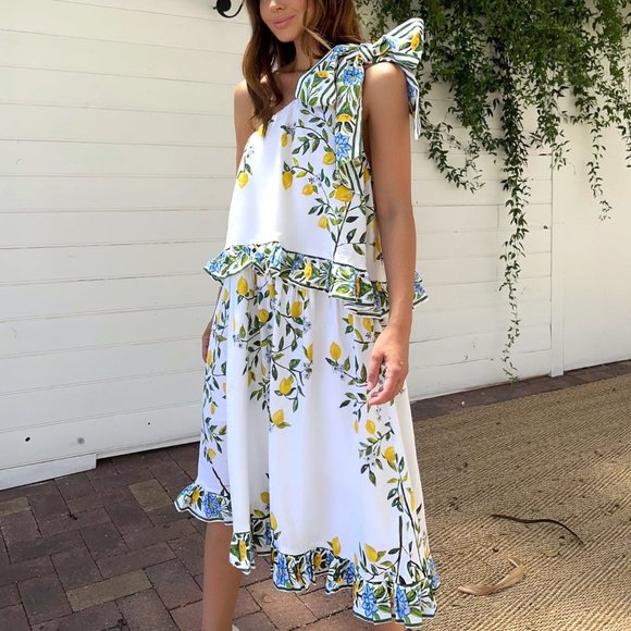 Binny Lemon Mini Dress Fruit Floral Tiered They Call Me Limoncello Capri L - Picture 1 of 16